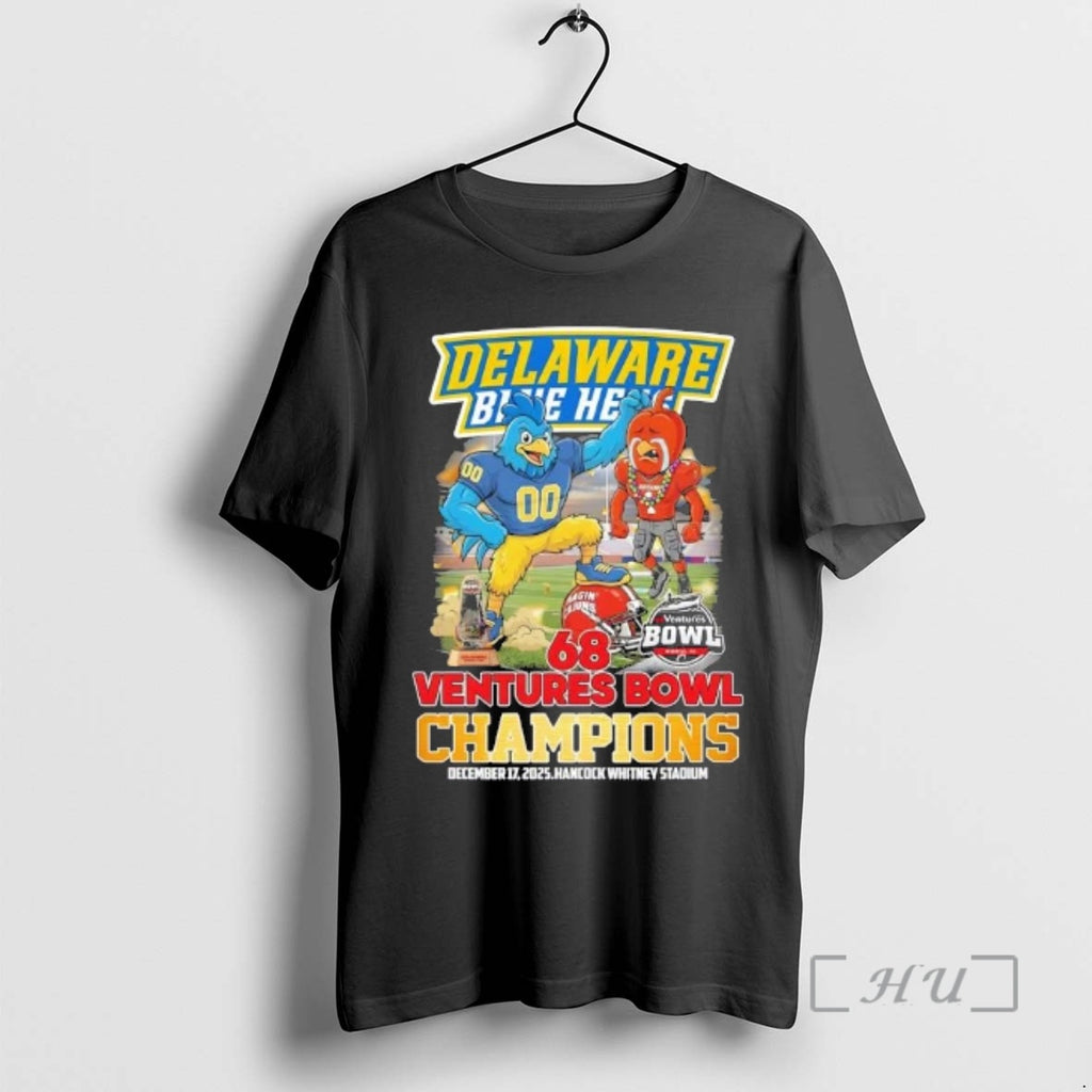 Officials Mascots Delaware Blue Hens 68 Ventures Bowl Champions Hancock Whitney Stadium Premium T Shirts