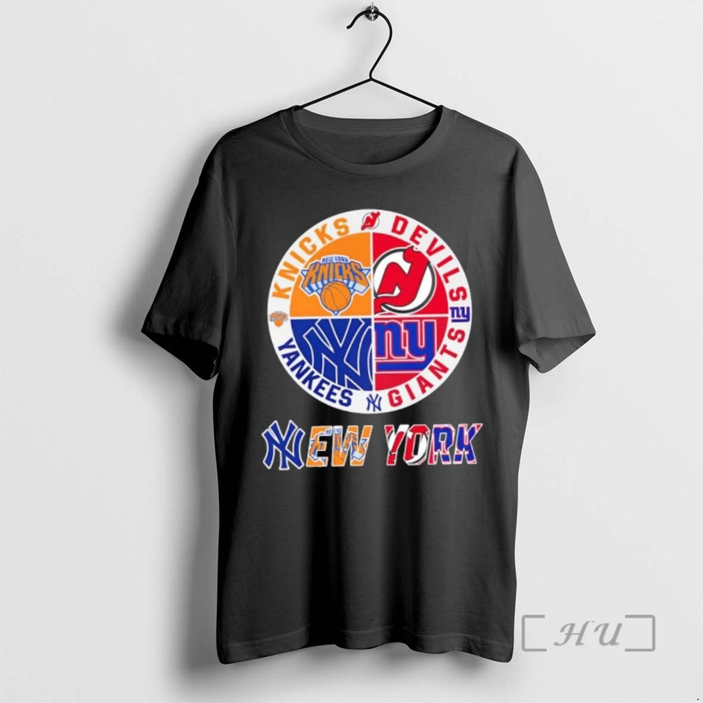 Officials New York City Sports Knicks Devils Giants Yankees Logos Combine Premium T Shirts Sweater