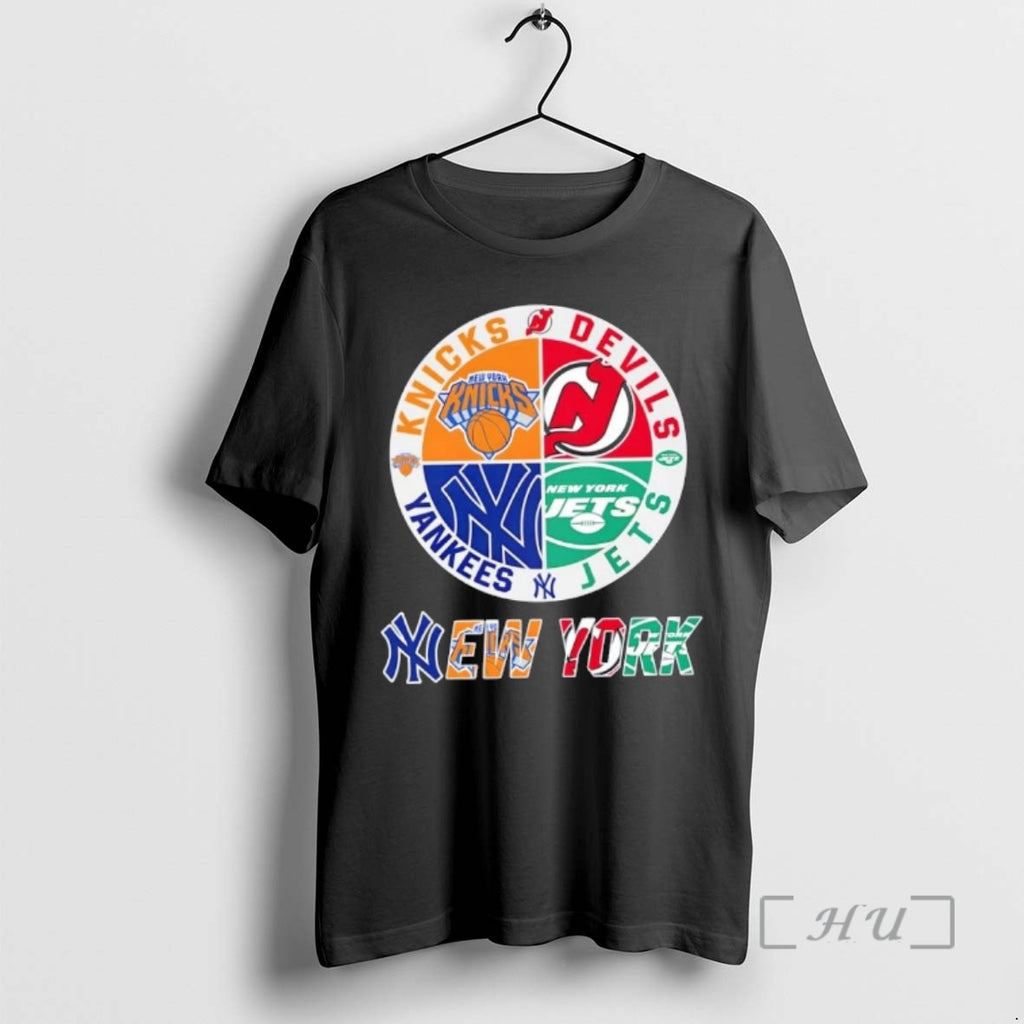 Officials New York City Sports Knicks Devils Jets Yankees Logos Combine Premium T Shirts Sweater