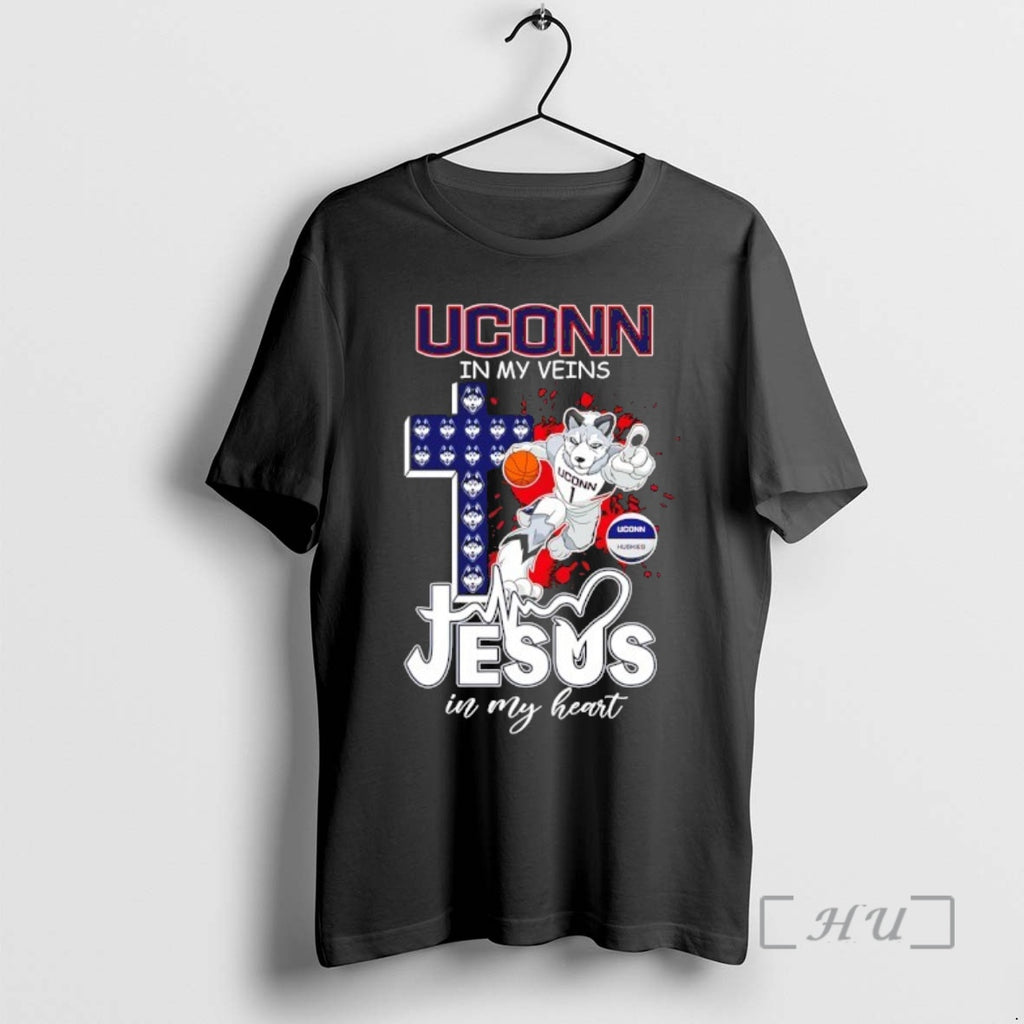 Officials Uconn Huskies In My Veins Jesus In My Heart Cross Mascot Premium T Shirts
