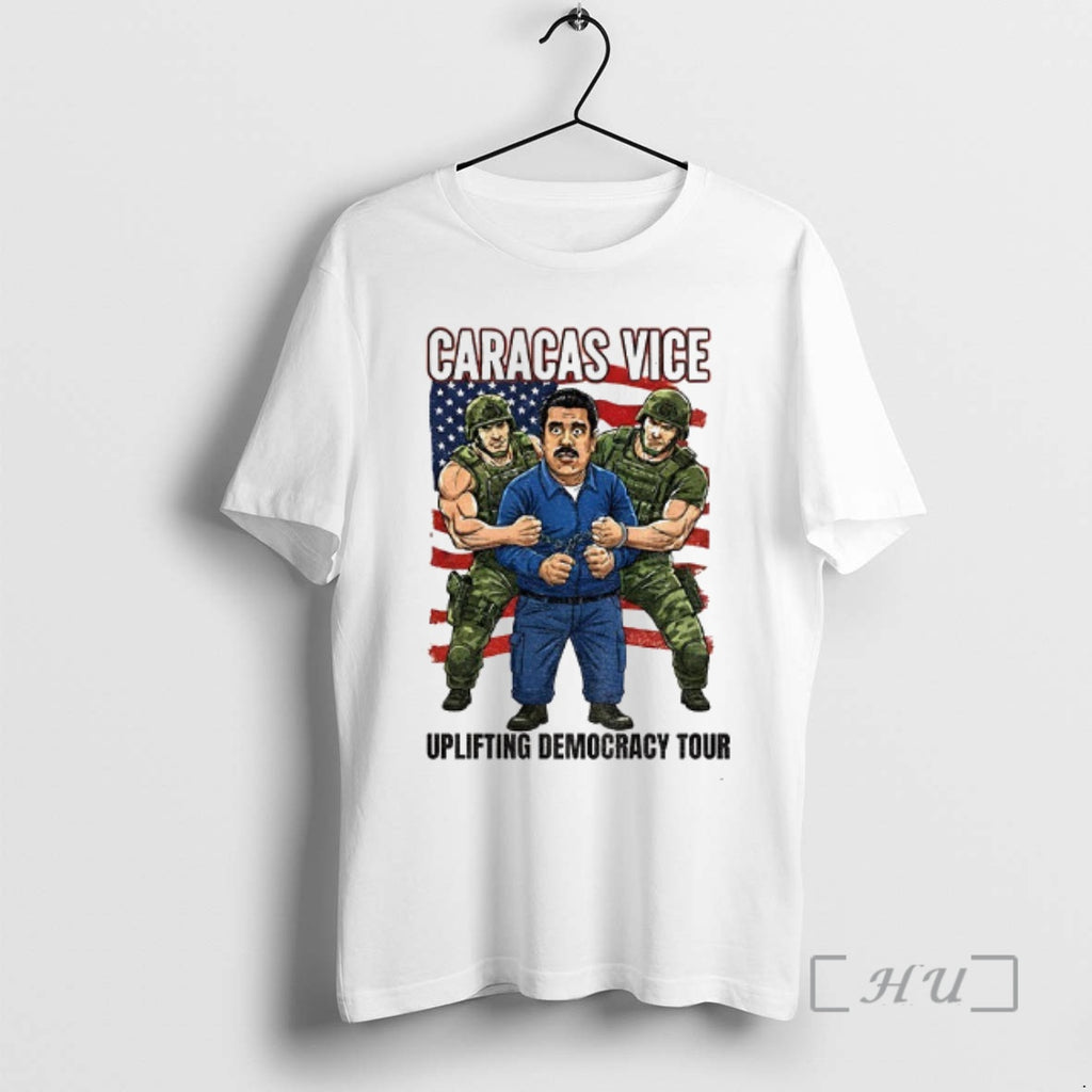 Officials Venezuela Libre Maduro Captured Caracas Vice Uplifting Democracy Tour American Flag Premium T Shirts