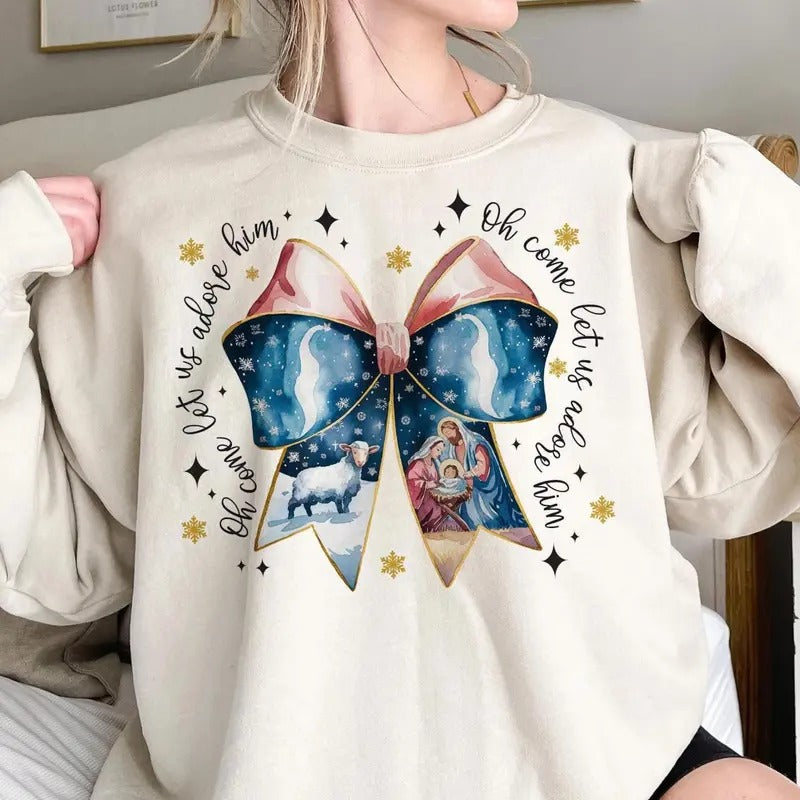 Oh Come Let Us Adore Him Jesus Faith Coquette Bow Xmas Jesus Faith T-Shirts