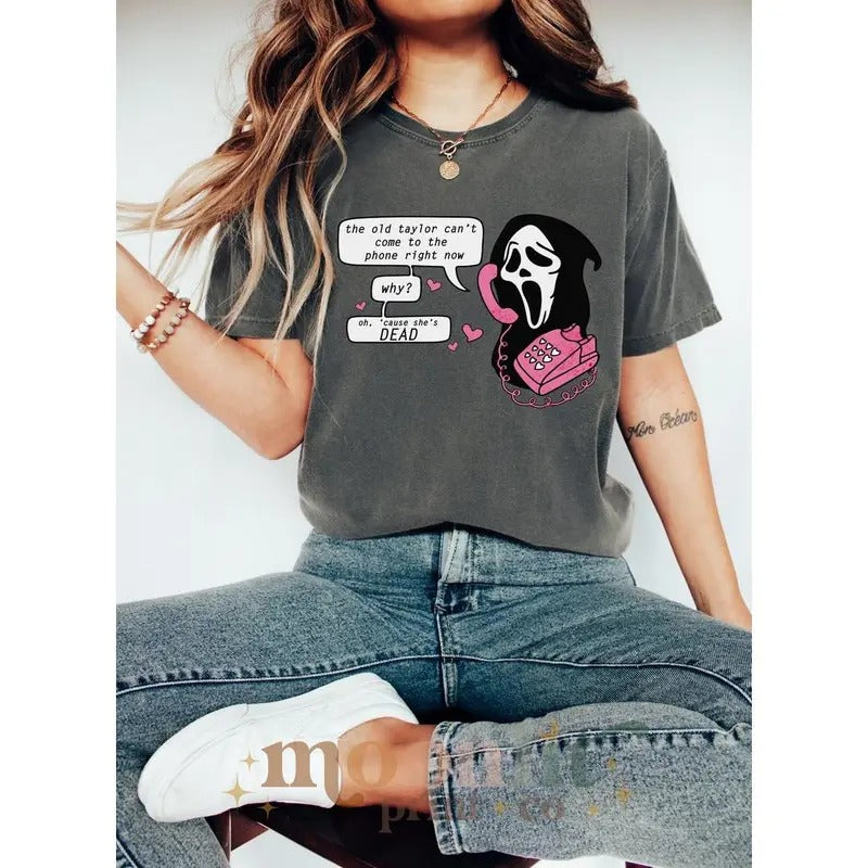 Old Taylor Can'T Come Phone Spooky Ghost Face Shirt No You Hang Up Halloween Shirt Halloween Era Shirt T-Shirts