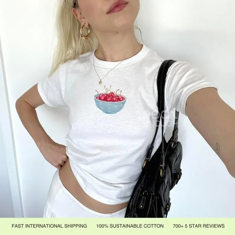 Painted Blue Bowl Cherries 90s Baby Cotton Womenswear T-Shirts