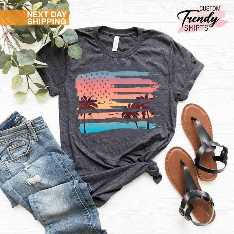 Patriotic Beach Shirt American Flag Shirt Summer Shirt American Beach Vacation Shirt Summer Vacation Shirt T-Shirts
