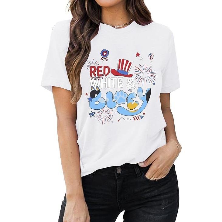 Patriotic Shirts 4th July Independence Day Red White Blue Letter Cute Dog Short Sleeve T-Shirts