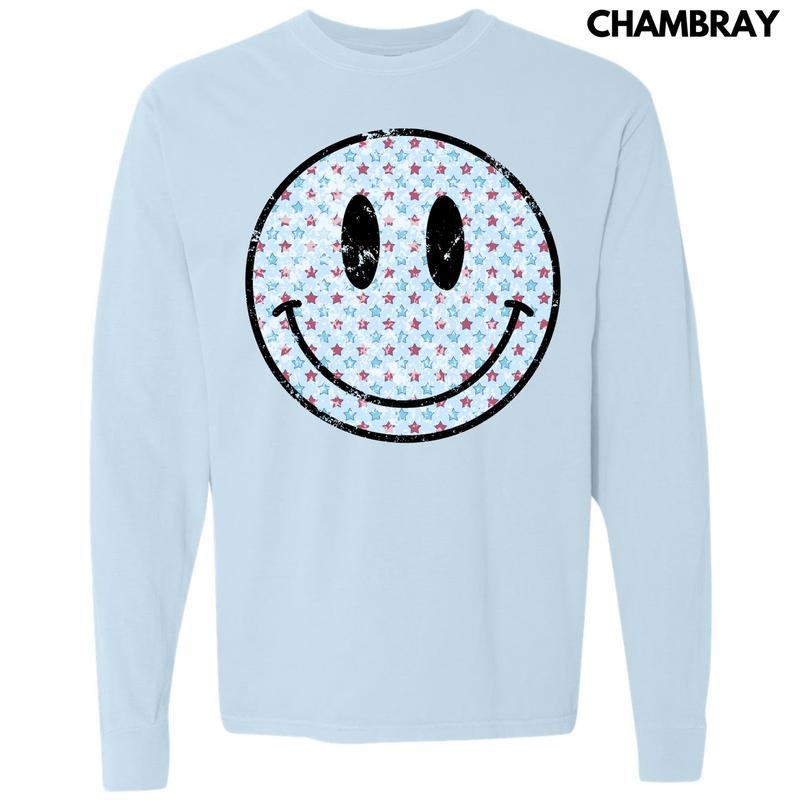 Patriotic Stars Happy Face Long Sleeve Comfort Colors 'NLB' T-Shirts