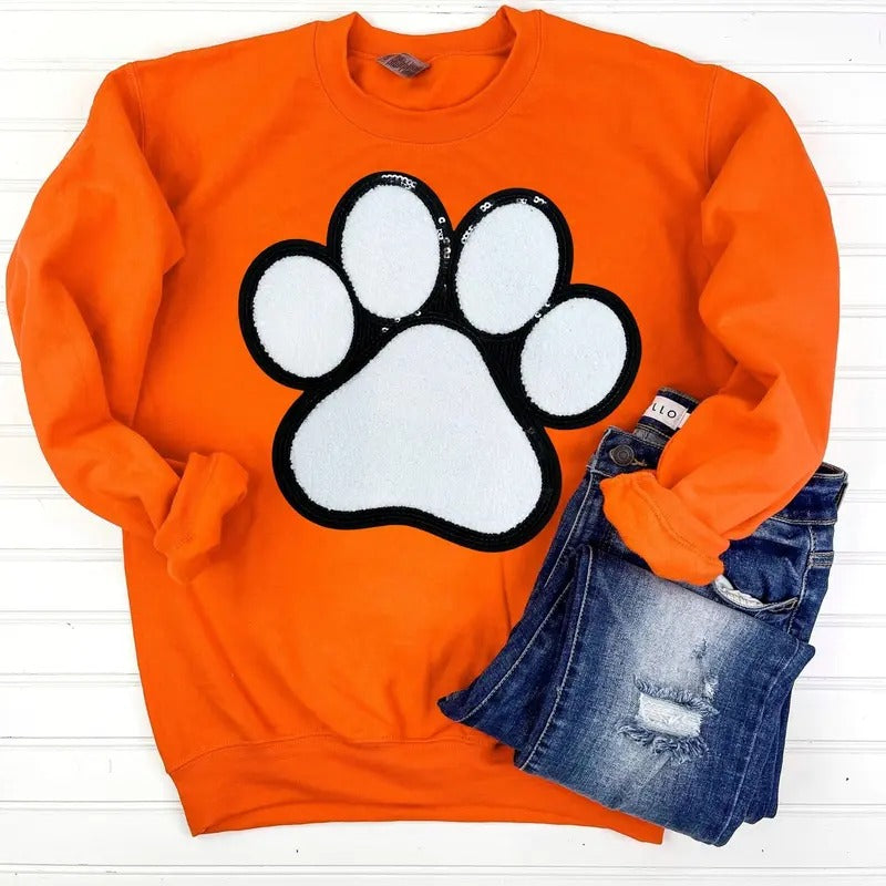 Paw Chenille Sequin Patch ORANGE T-Shirts