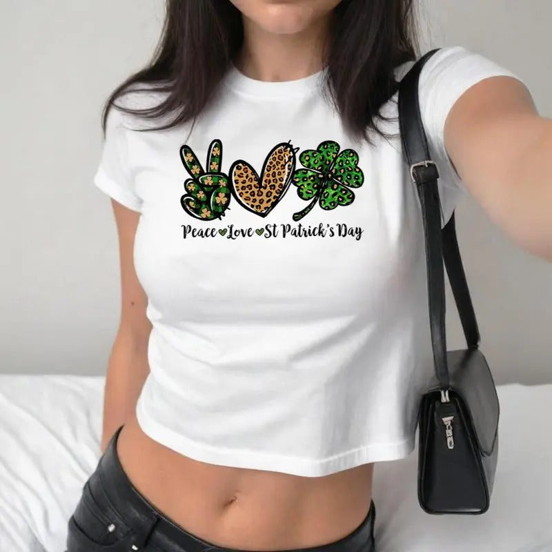 Peace Love St Patrick'S Day Baby Buffalo Leopard Shamrock Lucky Clover St. Patrick'S Day St Paddys Y2K 2000'S T-Shirts