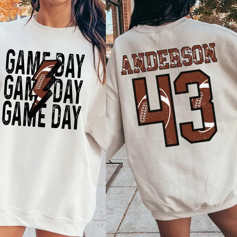 Personalized Football Mom Custom Game Day Football Child Name & Number Football Game Season Shirt Gameday Sports Mama T-Shirts
