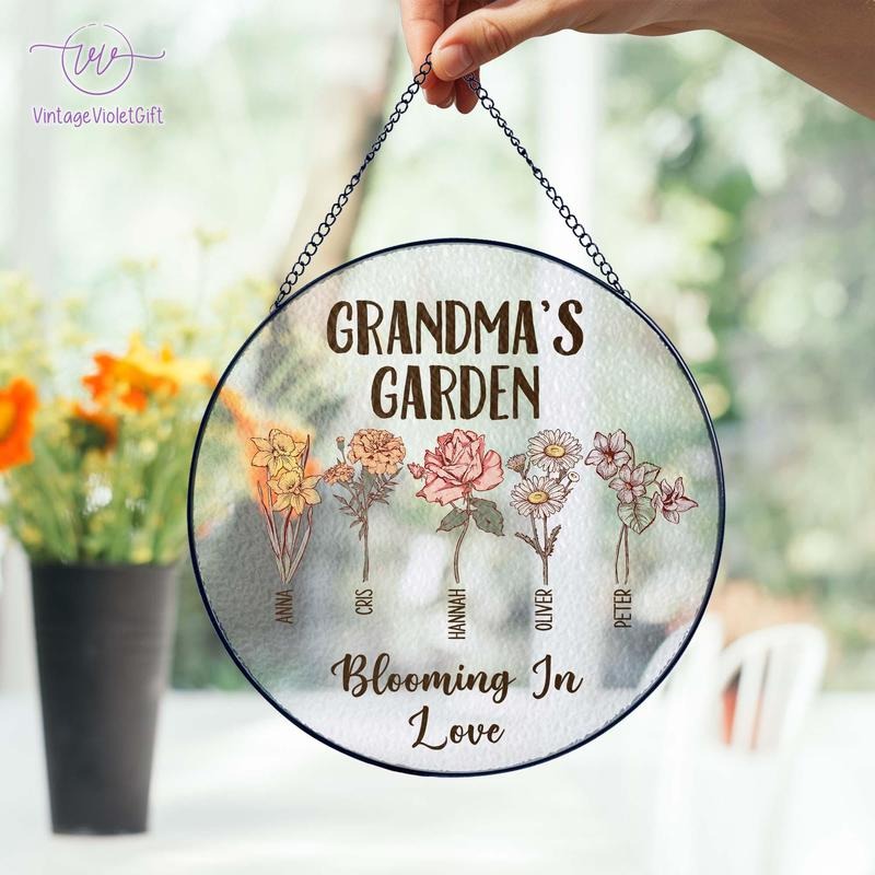 Personalized Grandma'S Garden Grandma Grandma Nana Birth Month Flower Stain Glass Suncatcher T-Shirts