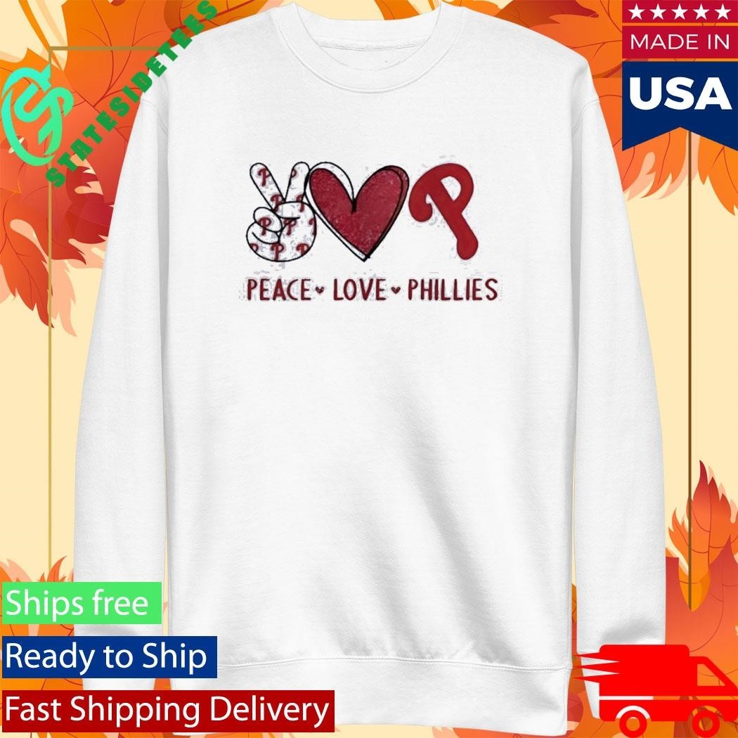 Philadelphia Phillies Peace Love Phillies Hand Sign Heart Shape And Logo Shirt Unisex , , , Long Sleeve Tee