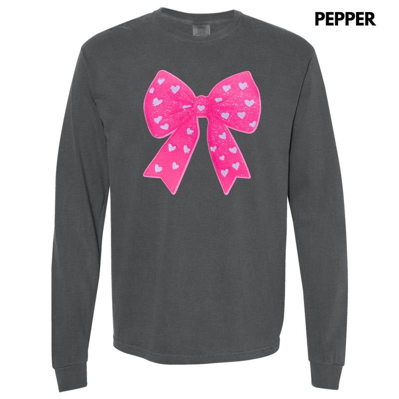 Pink Bow Sequin Patch Long Sleeve Comfort Colors T-Shirts