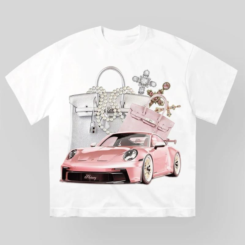 Pink Car Print Vintage Y2k Cotton Medium Short Sleeve Casual Streetwear Printed T-Shirts