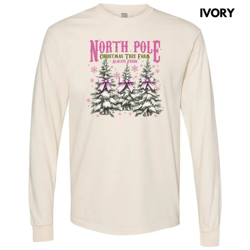 Pink North Pole Tree Farm Long Sleeve Comfort Colors 'NLB' T-Shirts