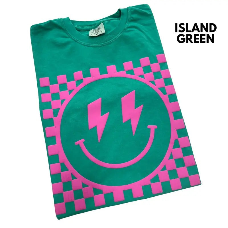 Pink Puff Checkered Happy Face Comfort Colors T-Shirts
