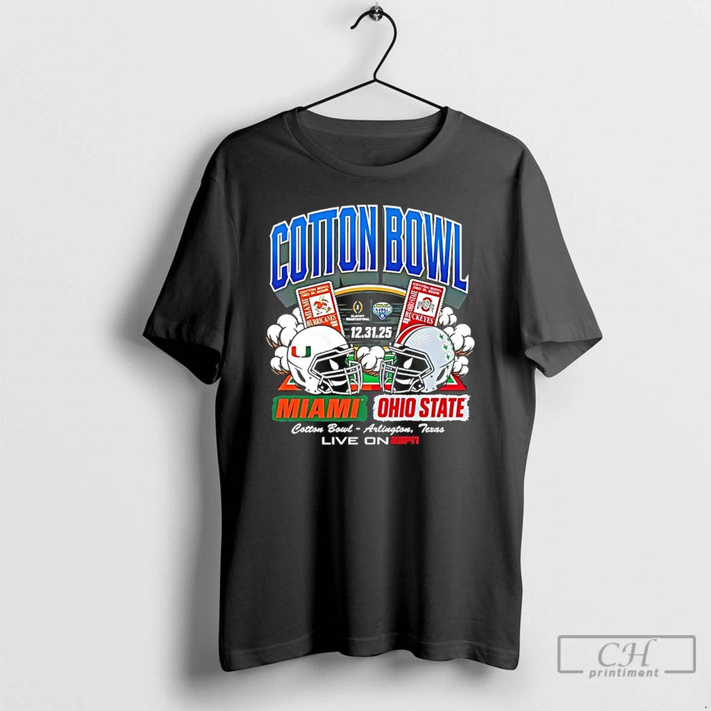 Premium 2025 Cotton Bowl Head To Head Miami Vs Ohio State Helmet Matchup T Shirts