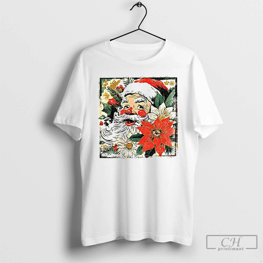 Premium Cute Santa Claus Preppy Brushstroke Floral Santa Face Christmas T Shirts