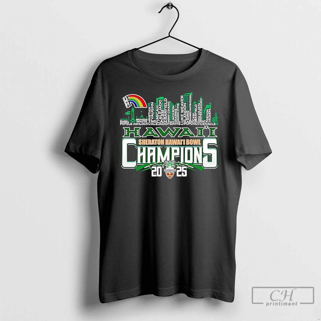 Premium Hawaii Rainbow Warriors 2025 Hawaii Bowl Champions Player Names City Skyline T Shirts Sweater