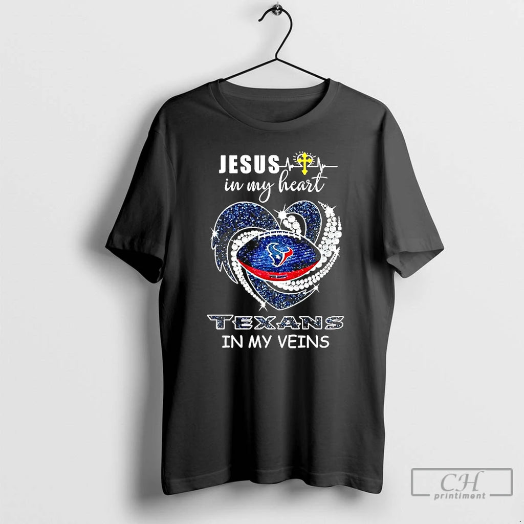 Premium Jesus In My Heart Houston Texans In My Veins Heartbeat Line T Shirts Sweater
