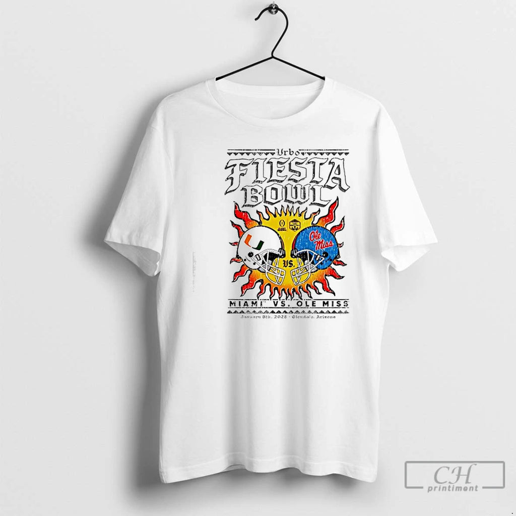 Premium Miami Vs Ole 2026 Vrbo Fiesta Bowl Matchup Cfp Semifinal Solar Standoff T Shirts