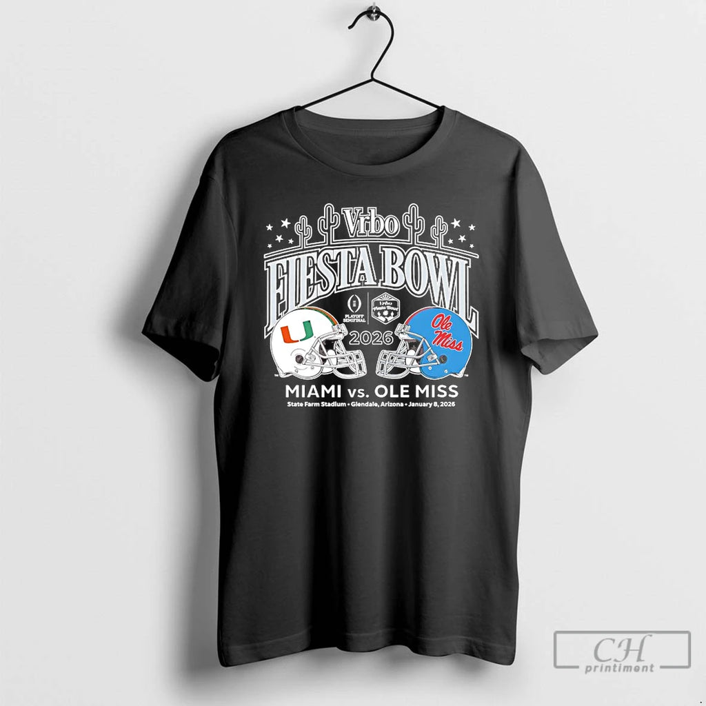 Premium Miami Vs Ole Miss 2026 Vrbo Fiesta Bowl Cfp Semifinal Matchup Helmet T Shirts