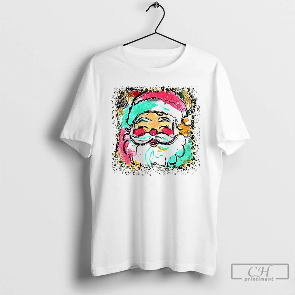 Premium Preppy Brushstroke Santa Claus Colorful Leopard Glitter Christmas T Shirts
