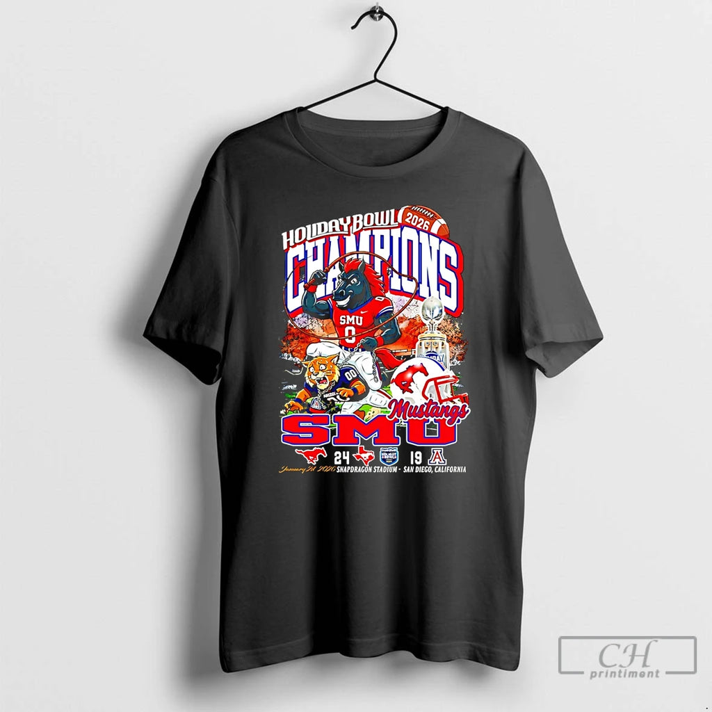 Premium Smu Mustangs Football 2026 Holiday Bowl Champions 24 19 Score Mascot T Shirts Sweater