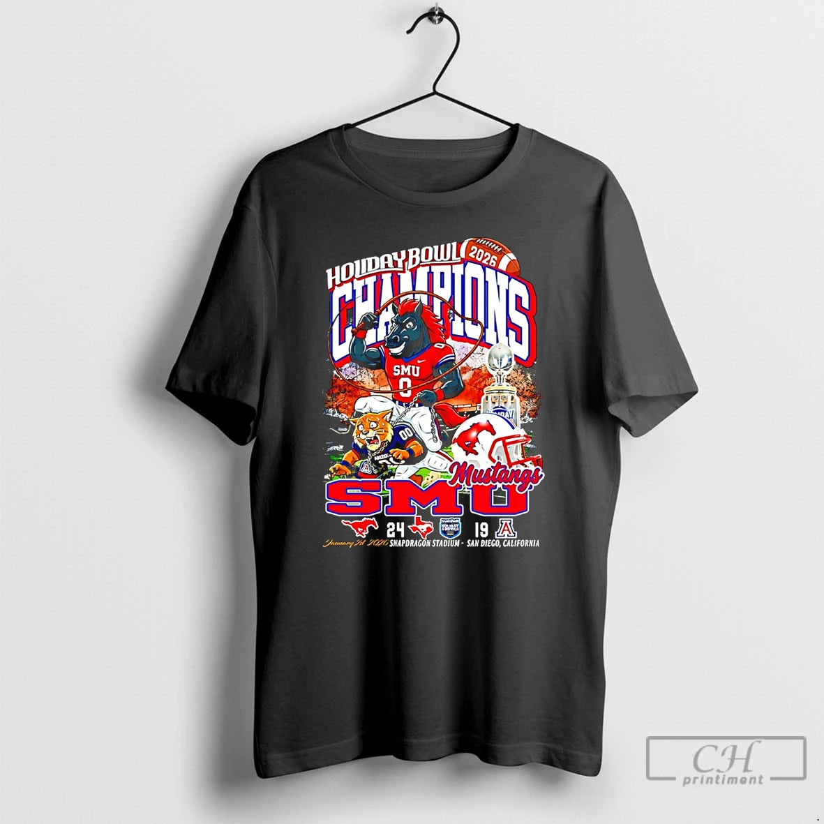 Premium Smu Mustangs Football 2026 Holiday Bowl Champions 24 19 Score Mascot T Shirts Sweater