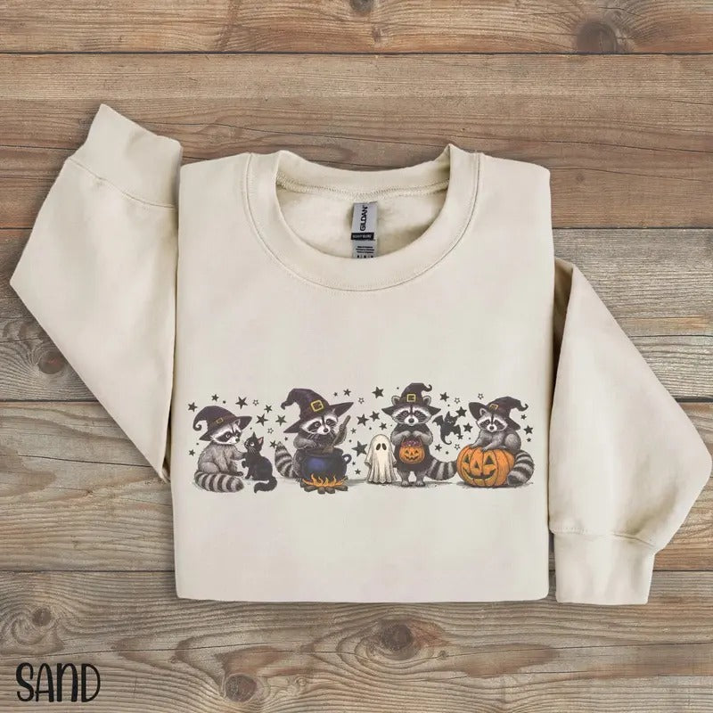 Raccoon Halloween Retro Raccoon Cute Spooky Season Tropical Casual Long Sleeve Halloween Shirt T-Shirts