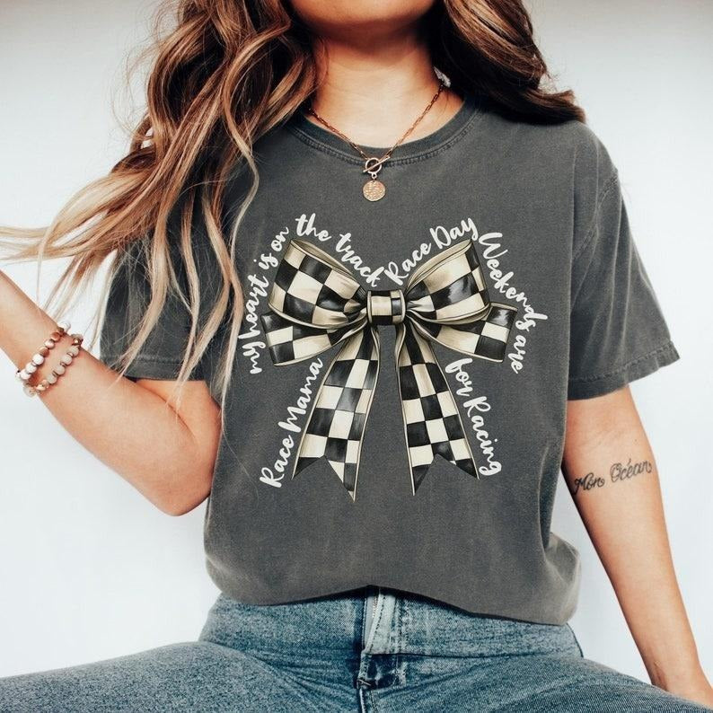 Racing Mom Shirt Motocross Shirt Coquette Bow Drag Racing Race Day Motorsports Race Mama Dirt Bike Moto Mom Mom T-Shirts
