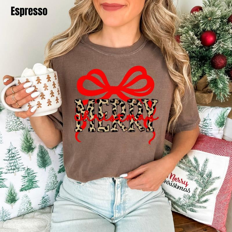 Red & Cheetah Merry Bow Comfort Colors 'NLB' T-Shirts
