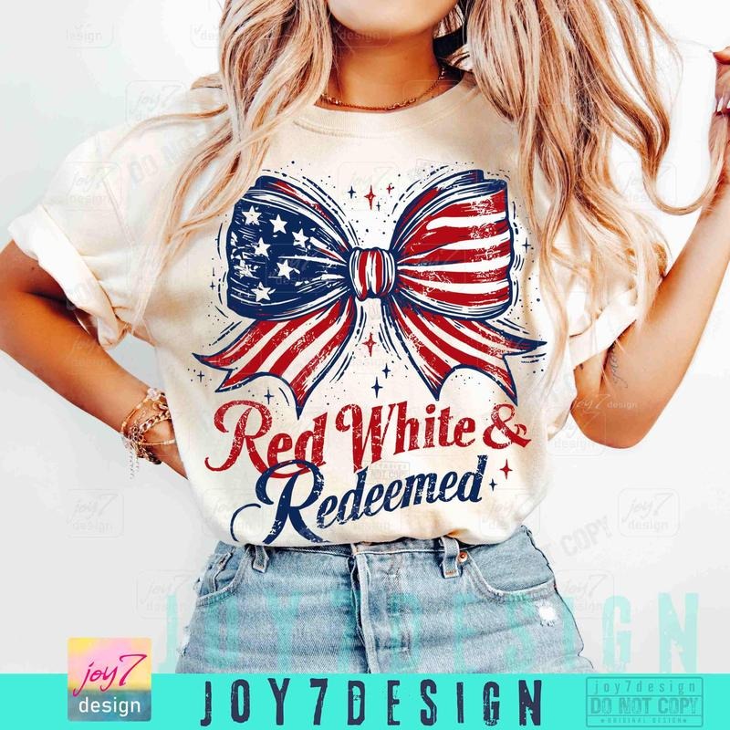 Red White & Redeemed 4th July Christian American Coquette Bow Fourth July American Flag Independence Day Retro T-Shirts