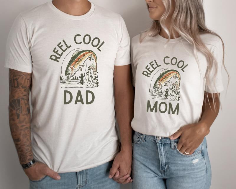 Reel Cool Mom Dad Matching New Parents Cute Pregnancy Baby Announcement Idea Fly Fishing Family Rainbow Trout T-Shirts