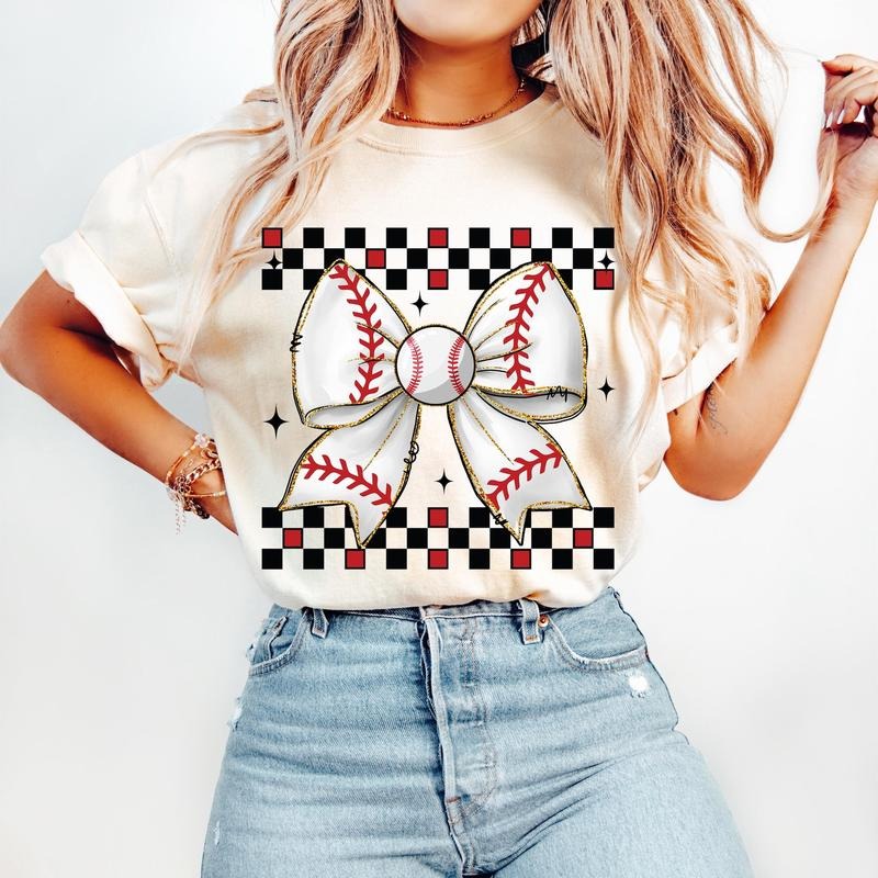 Retro Checkered Baseball Baseball Mom Game Day Baseball Baseball Coquette Baseball Bow Baseball Mama T-Shirts