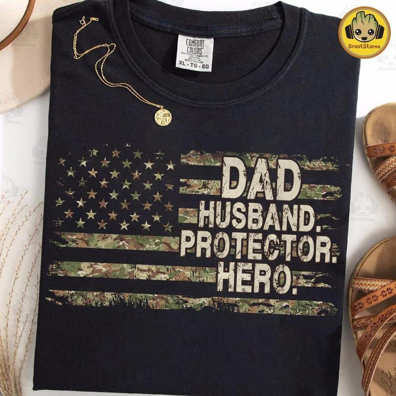 Retro Dad Husband Protector Hero Shirt Camouflage Hunting Shirt Best Dad Ever Shirt Army Dad Camo Dad T-Shirts
