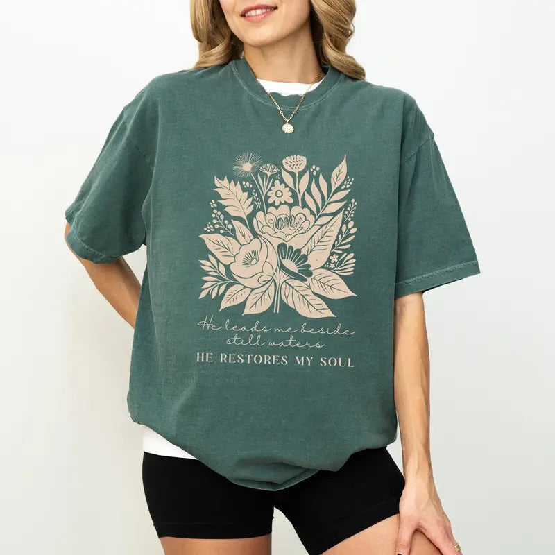 Retro Floral Bible Verse Comfort Colors Shirt He Leads Me Beside Still Waters He Restores My Christian Shirt Religious T-Shirts