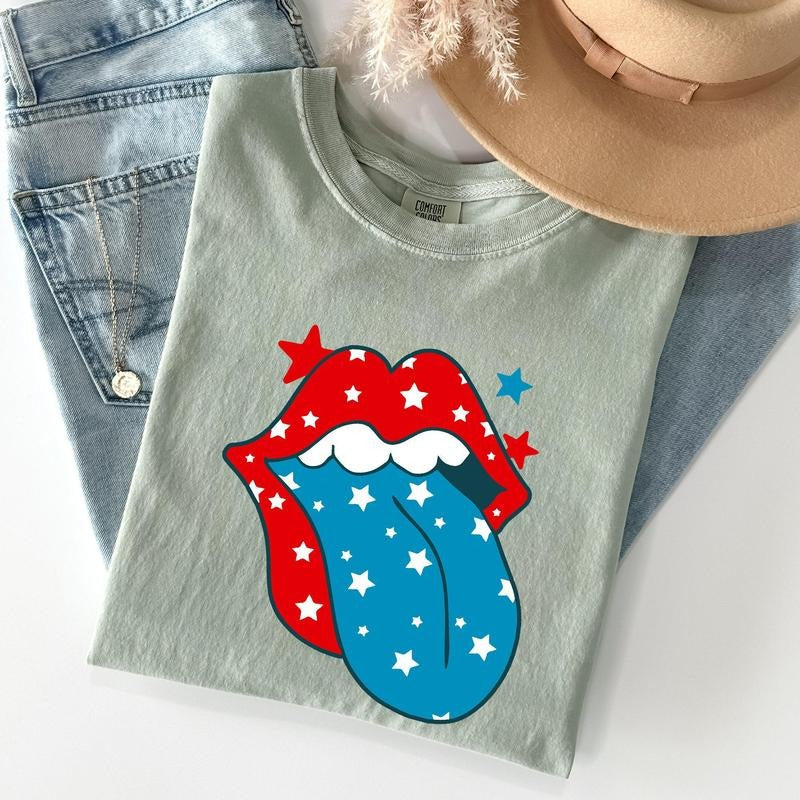 Retro Party USA 4th July Tongue Crew Neck T-Shirts