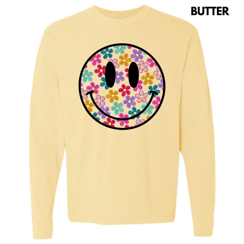 Retro Smiles & Flowers Long Sleeve Comfort Colors 'NLB' T-Shirts