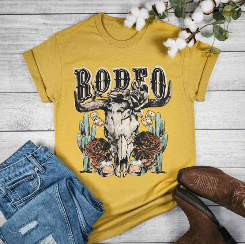 Rodeo Cow Skull Roses T-Shirts