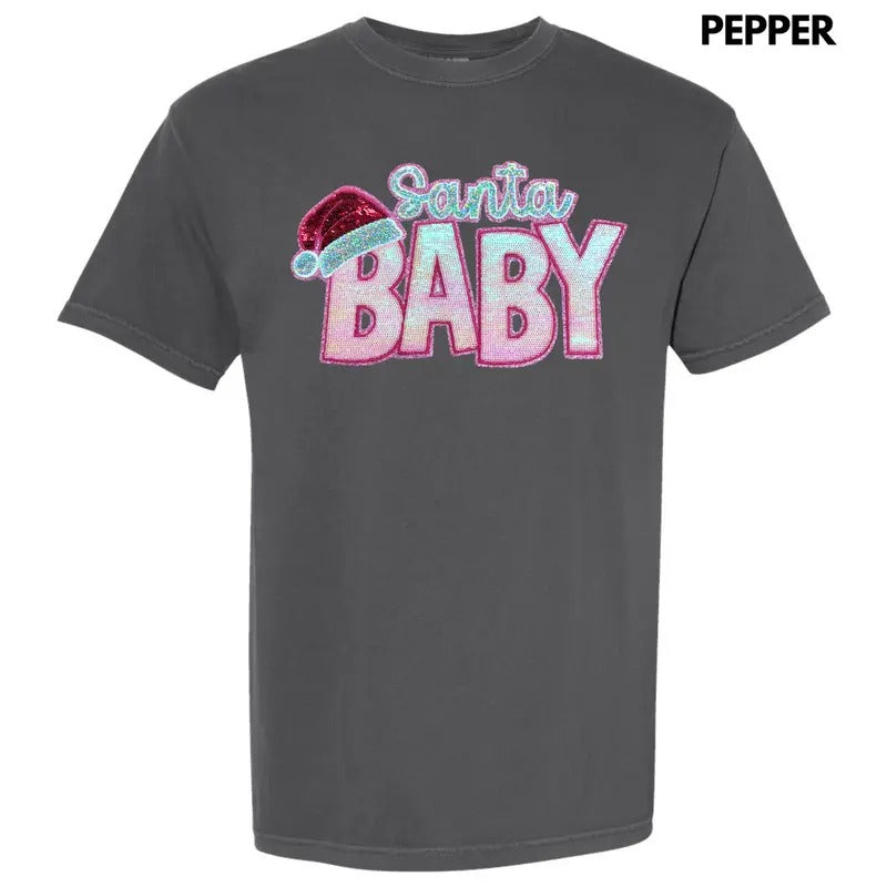 Santa Baby Pink Sequin Patch Comfort Colors T-Shirts