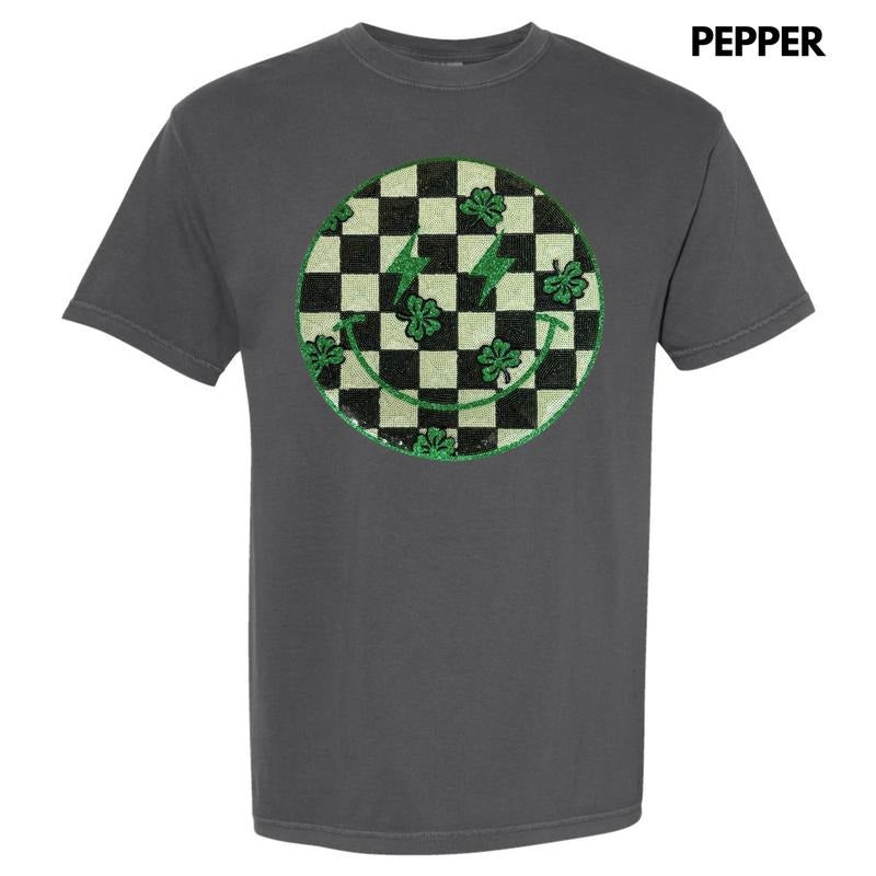Sequin Shamrock Happy Face Patch Comfort Colors T-Shirts