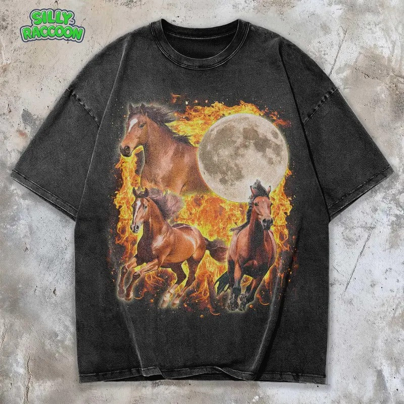Silly Raccoon Wild Horse Vintage Moonlit Grunge Western Horse Lovers Cotton Top T-Shirts