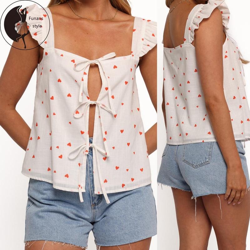 Casual Shirts Heart Print Solid Color Fly Sleeve Tie Up Front Blouses Summer Tops T-Shirts