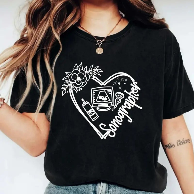 Sonographer Ultrasound Tech Shirt New Sonography Student Floral Heart Ultrasound T-Shirts