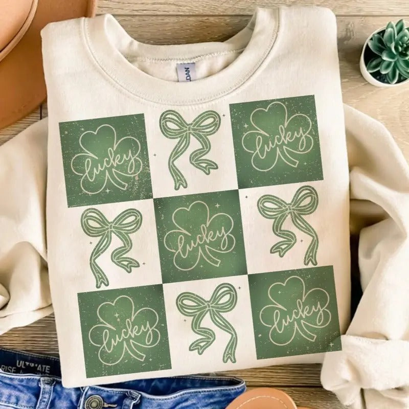 St Patricks Coquette Bow Collage Fit Loose Fitting Casual Top Comfort Womenswear Long Sleeve Top T-Shirts