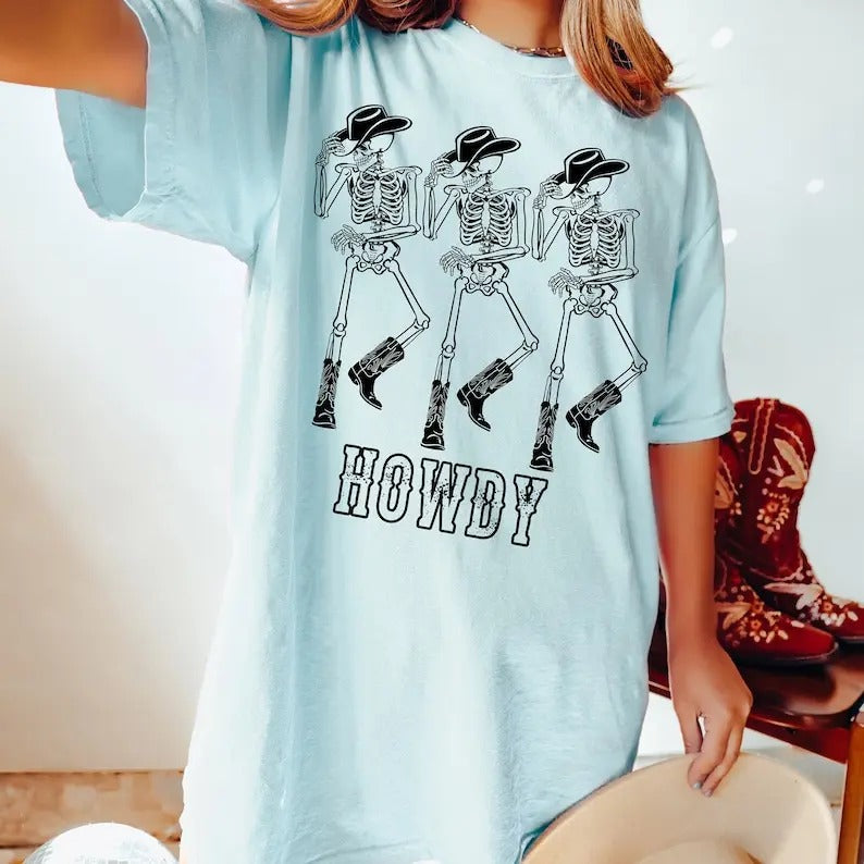 Summer Howdy Cowboy Skeleton Cowboy Dancing Skeleton Boho Vintage Inspired Cotton T-Shirts