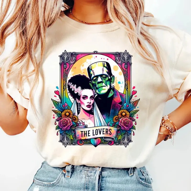 Lovers Tarot Horror Neon Bleached Frankenstein Shirt Bride Frankenstein Monster Shirt Victor Frankenstein Shirt Short Sleeve Shirt Casual Top Womenswear T-Shirts