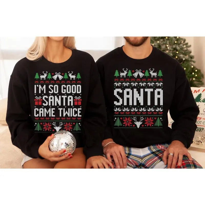 Original Funny Couples Matching Ugly Santa Twice Pajamas Sold Seperate T-Shirts