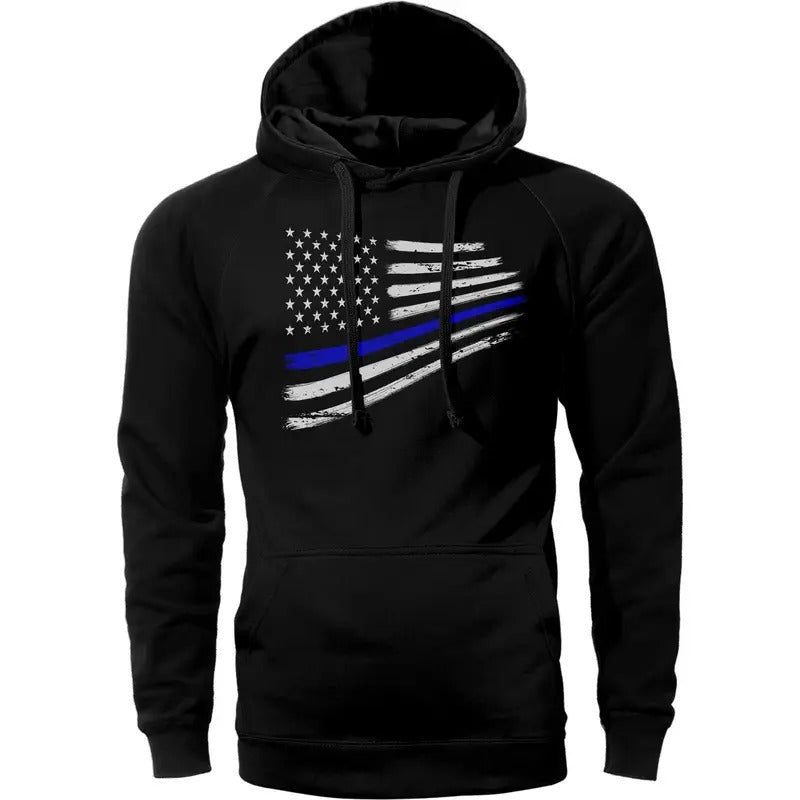 Thin Blue Flag Warped Police Lives Cotton Fabric Adjustable Breathable Drawstring Kangaroo Pocket Casual Top Menswear Print Long Sleeve T-Shirts